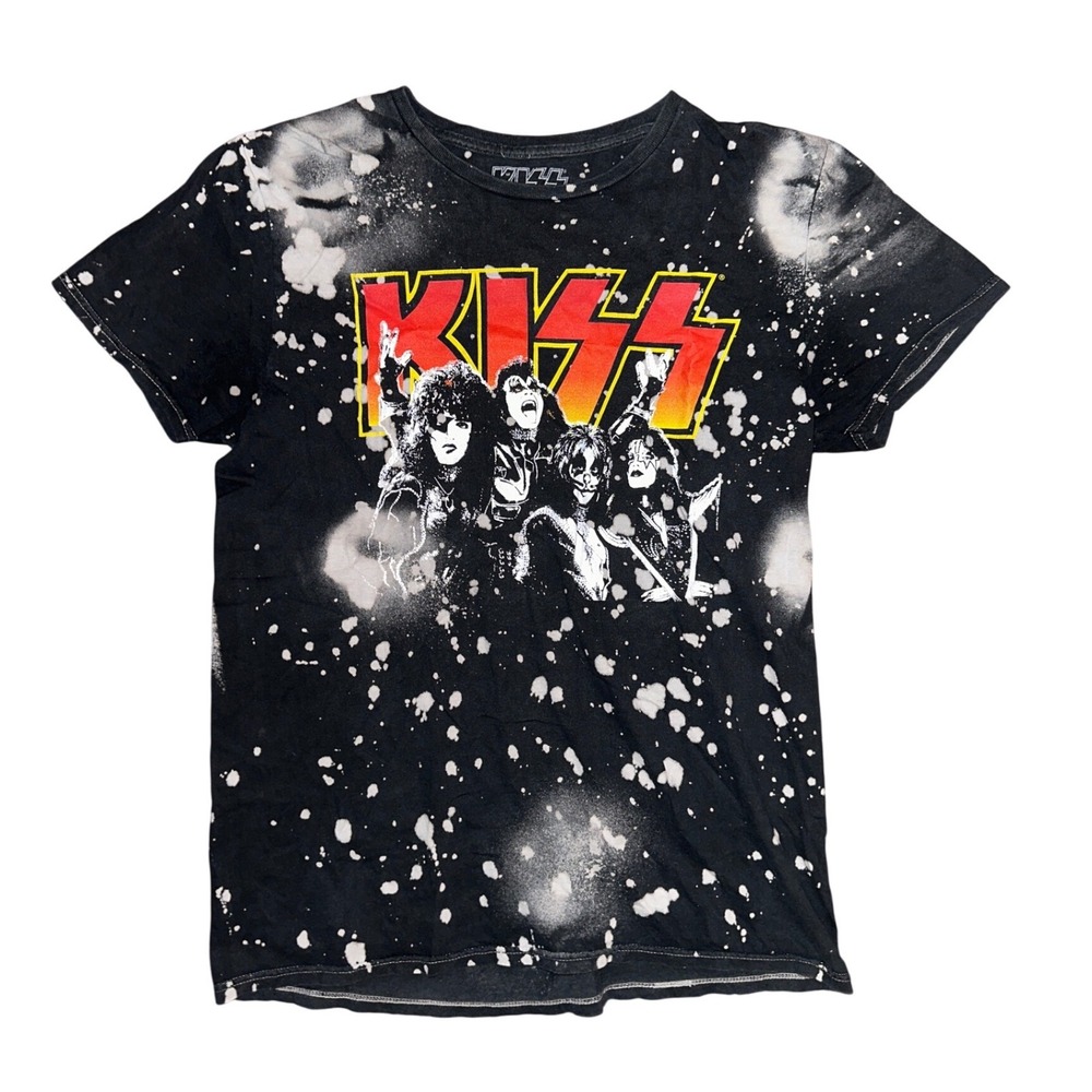 KISS Band Graphic T-Shirt Mens Medium Black Bleach Splatter Acid Wash 2017 Rock